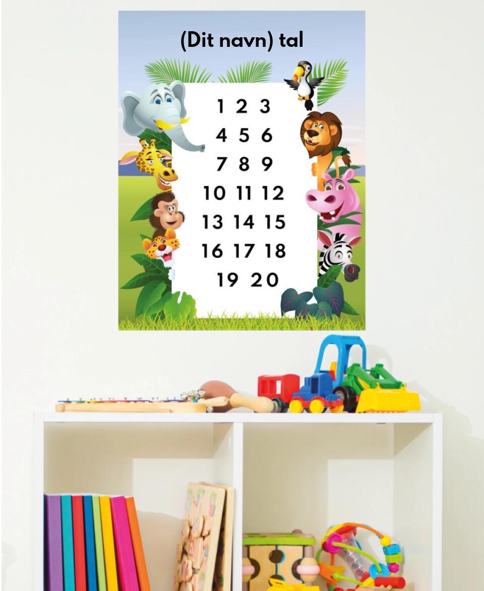Selvklæbende plakat med Tal fra 1 til 20, zoo dyr og eget navn (Tilføj dit navn)